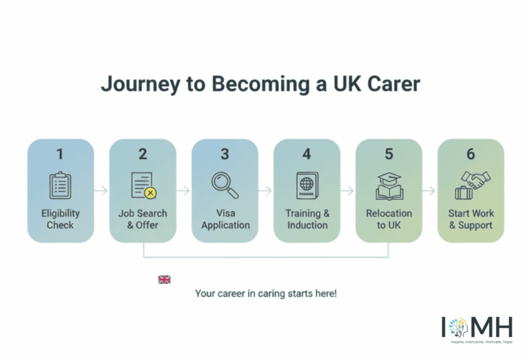Step-by-step journey showing how to become a carer in the UK as a foreigner