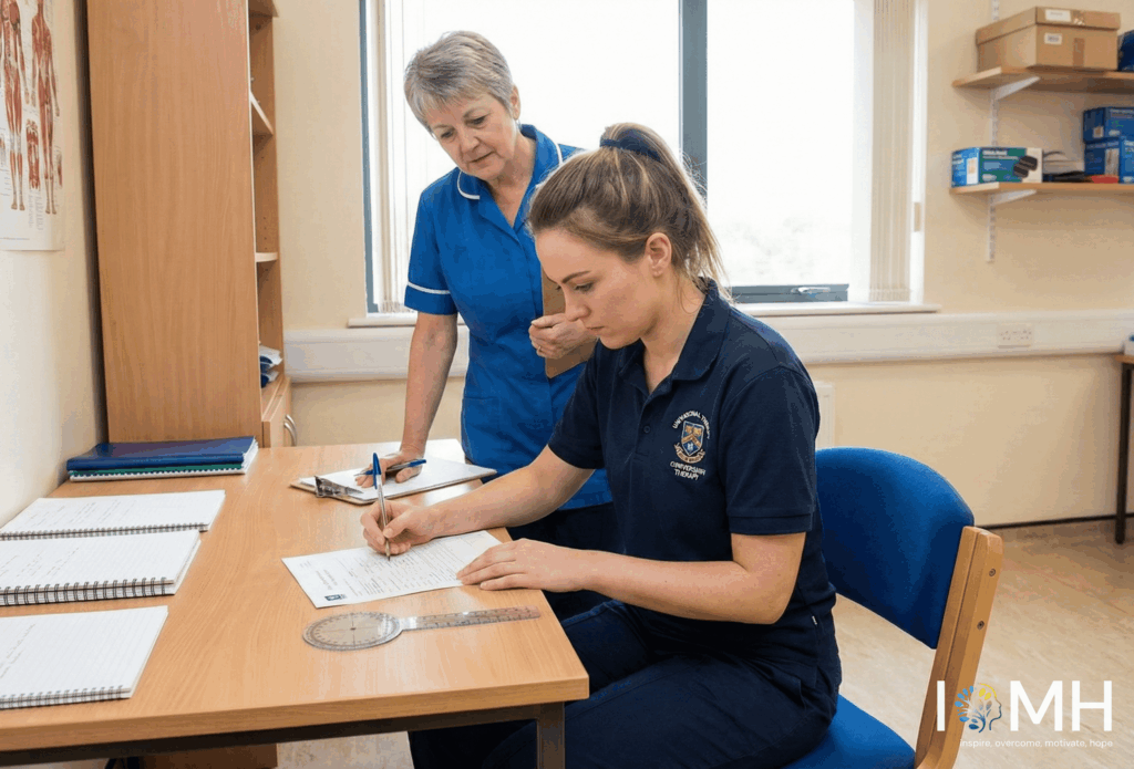 Occupational therapist supervising a student during occupational therapy training in a UK clinical setting