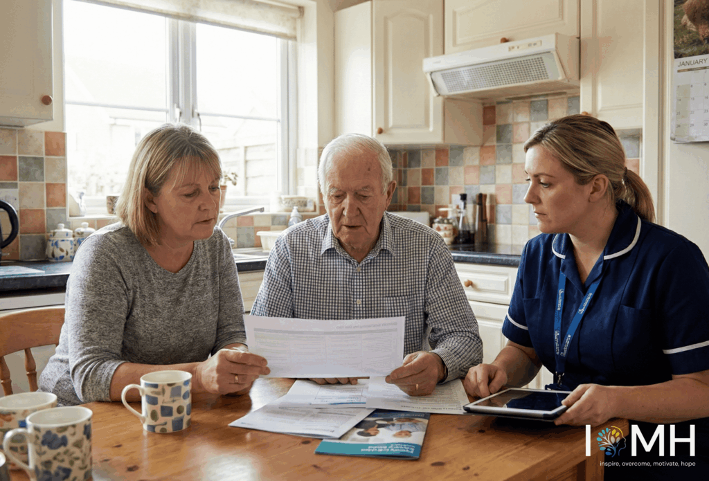 UK family discussing domiciliary care services and costs with a care professional at home