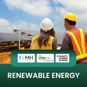 Renewable Energy diploma course with CPD accreditation and Quality Licence Scheme approval, showing professionals at a solar energy site.
