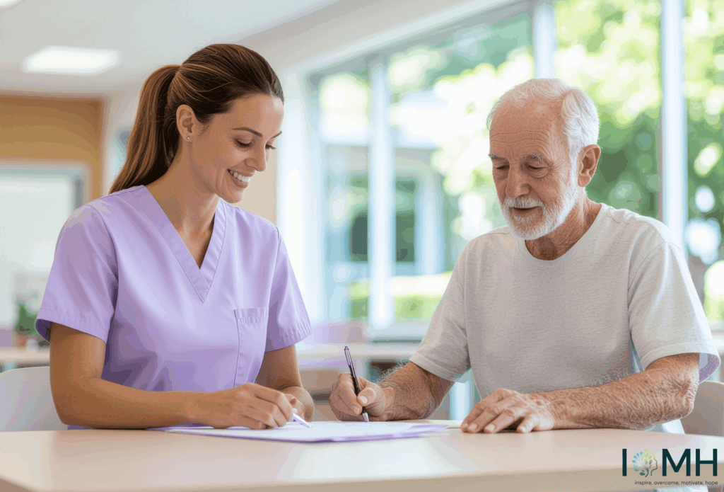 A header image featuring a female occupational therapy assistant in a blue NHS-style tunic smiling while supporting a male patient at a table. Text overlay reads: "Occupational Therapy Assistant Jobs: A Rewarding Career Without a Master’s Degree."