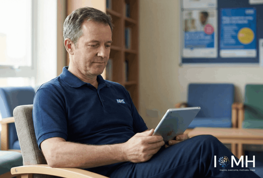 UK NHS healthcare professional reading a medical journal on a tablet in a hospital waiting area