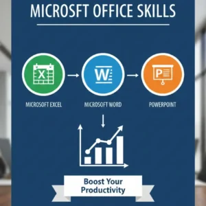 Infographic showing Excel, Word, and PowerPoint icons with a productivity boost banner.