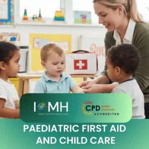 Paediatric First Aid and Child Care training with educator assisting child in classroom setting.