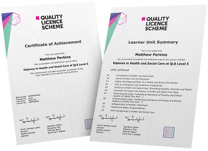 QLS Level 5 Health and Social Care diploma certificate and learner unit summary awarded to Matthew Perkins