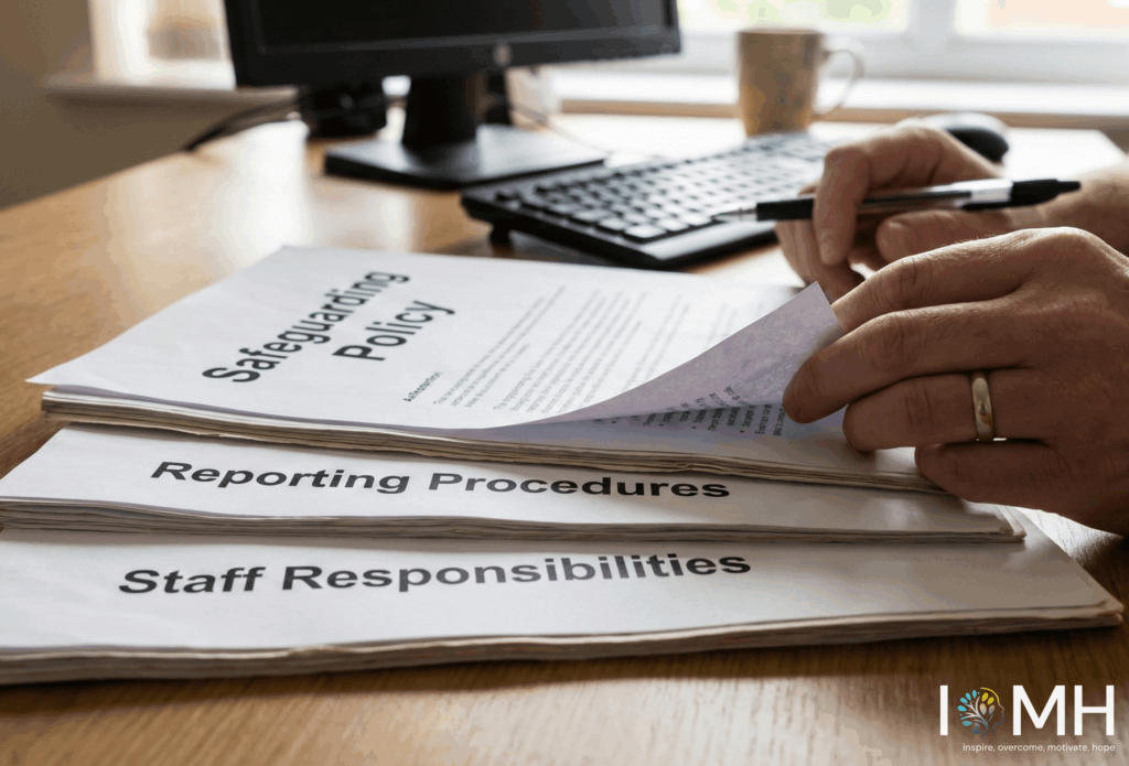 Safeguarding policy document showing reporting procedures and staff responsibilities in a UK organisation.