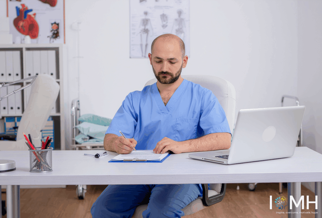 Care worker following UK health and social care legislation through accurate record-keeping