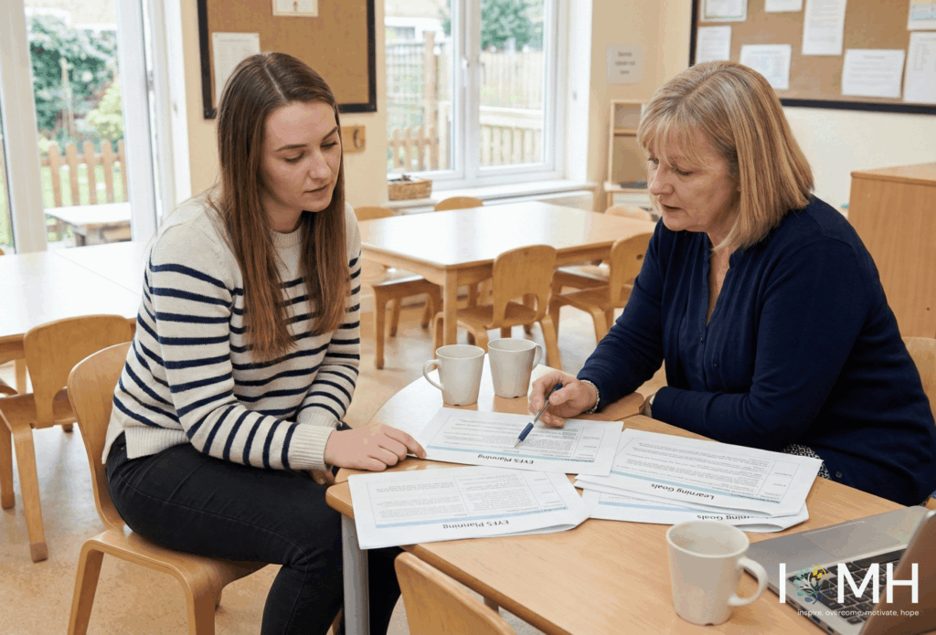 Early years teacher training session discussing EYTS requirements and EYFS planning in the UK