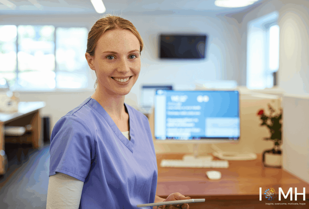 Health and social care learner studying person-centred care and the PIES model in a professional setting