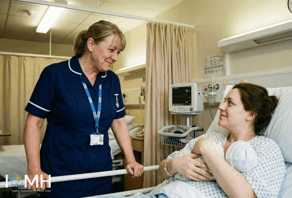 Maternity care assistant providing postnatal support to a new mother and baby in a UK hospital