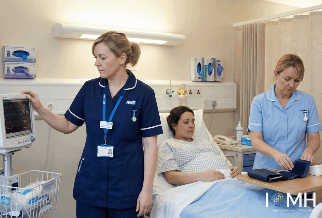 NHS maternity care assistant supporting a pregnant woman during hospital care in the UK