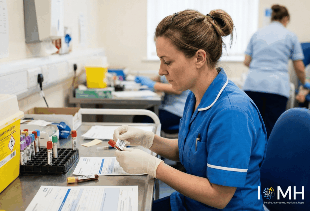 Phlebotomist labelling blood sample tubes in a UK healthcare laboratory