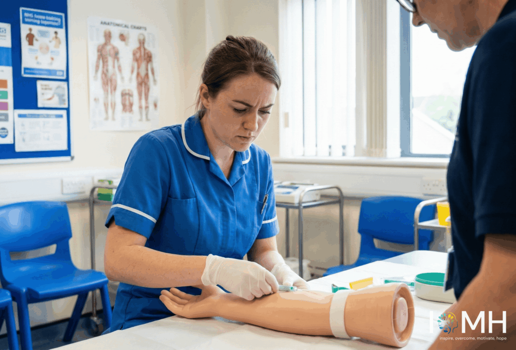 Trainee practising phlebotomy technique on a training arm in a UK clinical setting