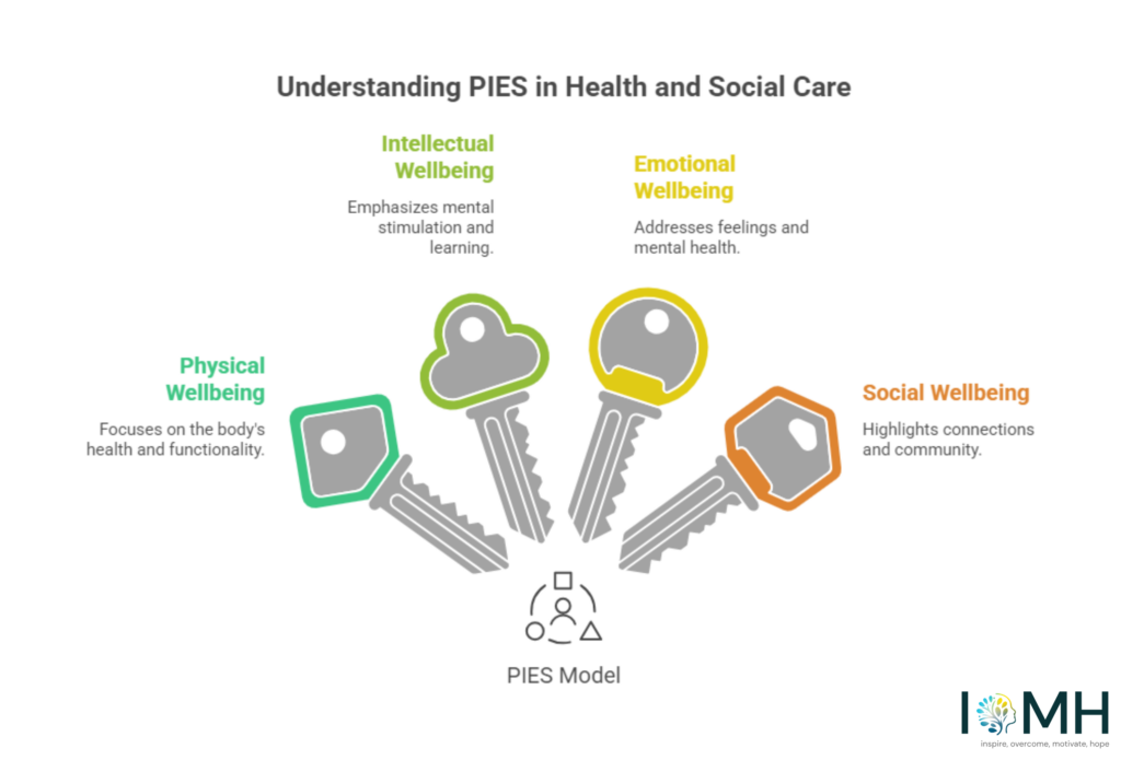 Infographic explaining PIES in health and social care including physical, intellectual, emotional and social wellbeing