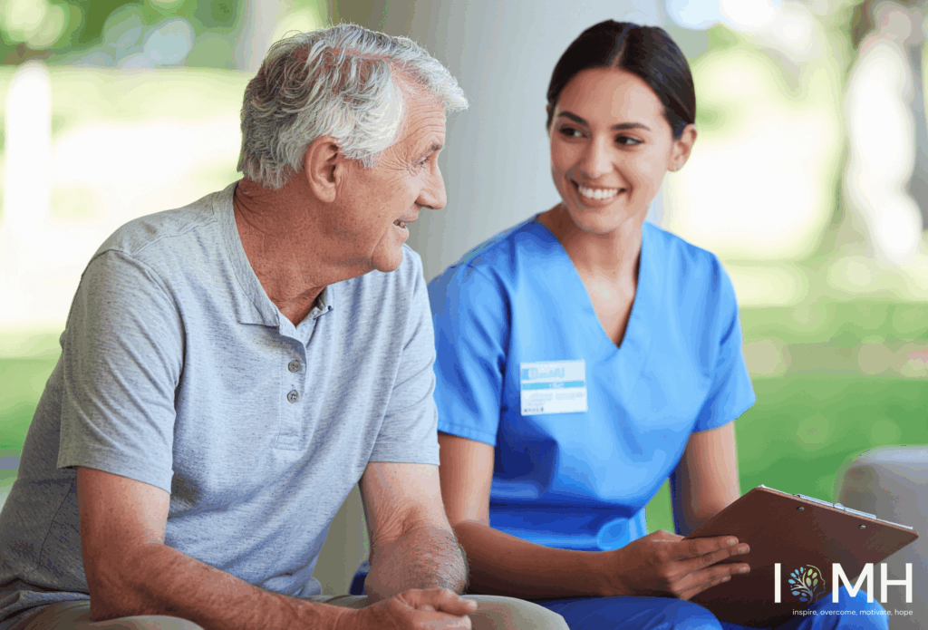 Healthcare assistant supporting an older adult using a person-centred approach in health and social care
