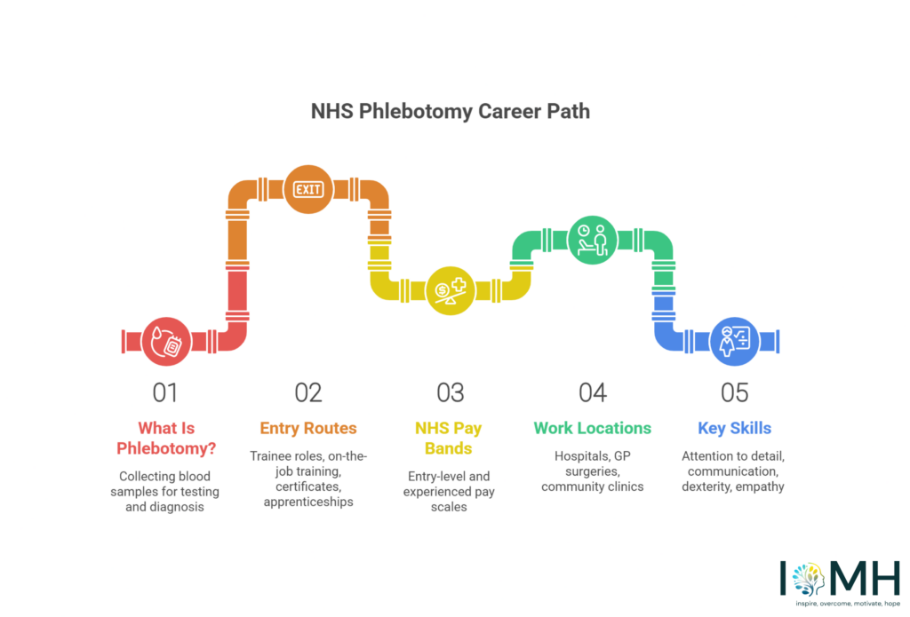 NHS phlebotomy career path infographic showing entry routes pay bands work locations and key skills