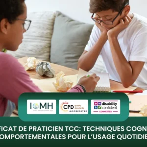 Certificat de praticien TCC course banner featuring a man reading a book while children draw at a table in a home setting.