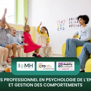 Cours professionnel en psychologie de l'enfant banner featuring a psychologist with a clipboard observing a young girl holding a teddy bear.