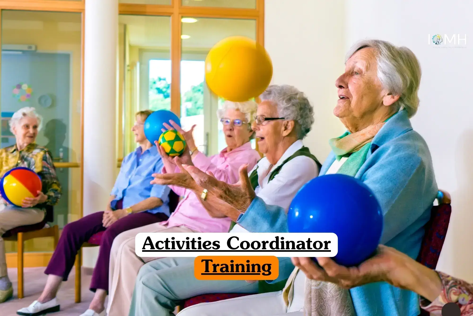 Activities Coordinator Training course banner with group of older adults sitting indoors participating in colorful ball activity with yellow blue and green balls in bright supportive setting with large windows and natural light.