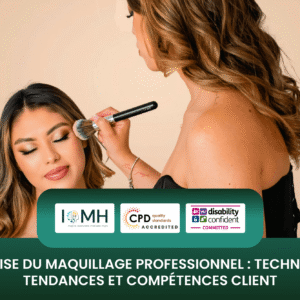 Maîtrise du maquillage professionnel course banner featuring a makeup artist applying eyeshadow to a client in a studio setting.