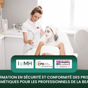 Professional development banner for EU cosmetic safety standards highlighting professional hygiene and product compliance in a salon environment.