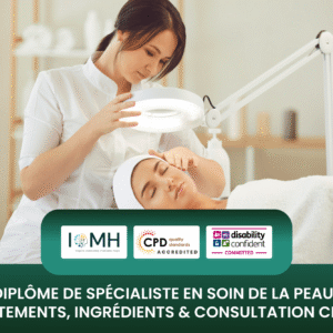 Diplôme de spécialiste en soin de la peau course banner featuring a smiling esthetician in purple scrubs consulting with a client in a clinical setting.
