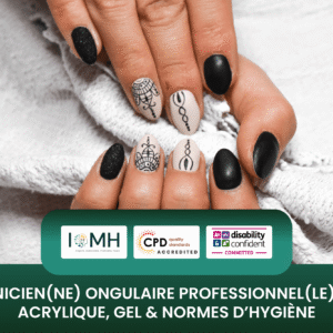 Technicien(ne) ongulaire professionnel(le) banner featuring a nail technician in a black mask and gloves performing a manicure on a client.