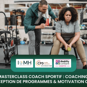Vocational training banner for fitness coaches and personal trainers, displaying the Disability Confident Committed badge and gym training environment.