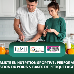 Spécialiste en nutrition sportive banner featuring a couple in a kitchen preparing a healthy meal together.