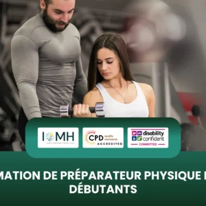 Professional physical preparation training graphic for beginners displaying the IMH logo, CPD accreditation, and Disability Confident Committed badge.