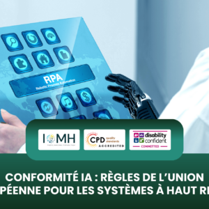 Conformité IA banner featuring a robotic hand holding a digital tablet displaying Robotic Process Automation (RPA) and high-risk system compliance icons.