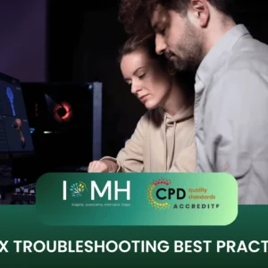 Linux Troubleshooting Best Practices course banner featuring two IT professionals collaborating and looking at a computer monitor at night.
