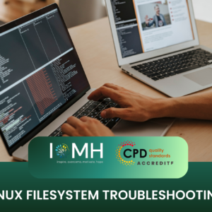 Linux Filesystem Troubleshooting course banner showing a person typing on a laptop with a terminal window and complex file logs.