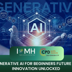 Advanced Generative Artificial Intelligence training graphic showing a futuristic blue digital interface with neural network patterns and tech icons.