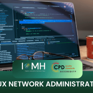 Linux Network Administration course banner featuring a laptop screen with complex terminal code and a red "Make it Happen" coffee mug.