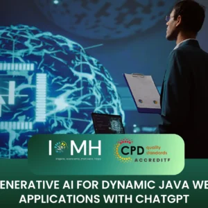 Educational graphic for AI-powered Java applications featuring the IMH logo, CPD accreditation, and a futuristic digital interface.