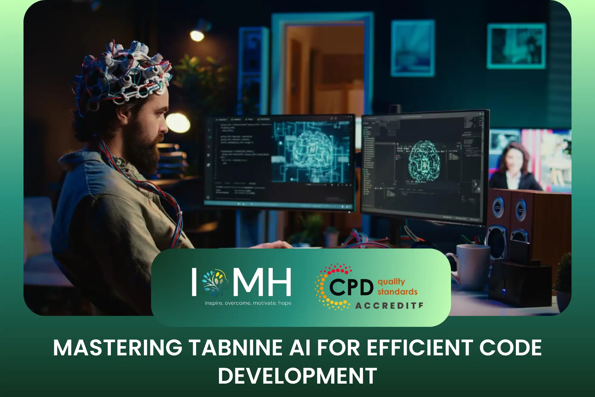 Developer using an EEG brain-sensing headset while coding with Tabnine AI for advanced workflow efficiency.