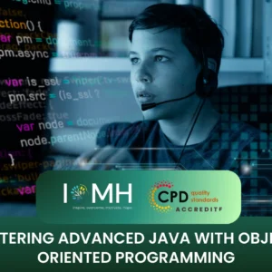 Young programmer with a headset analyzing Advanced Java and Object-Oriented Programming (OOP) code on a digital screen.