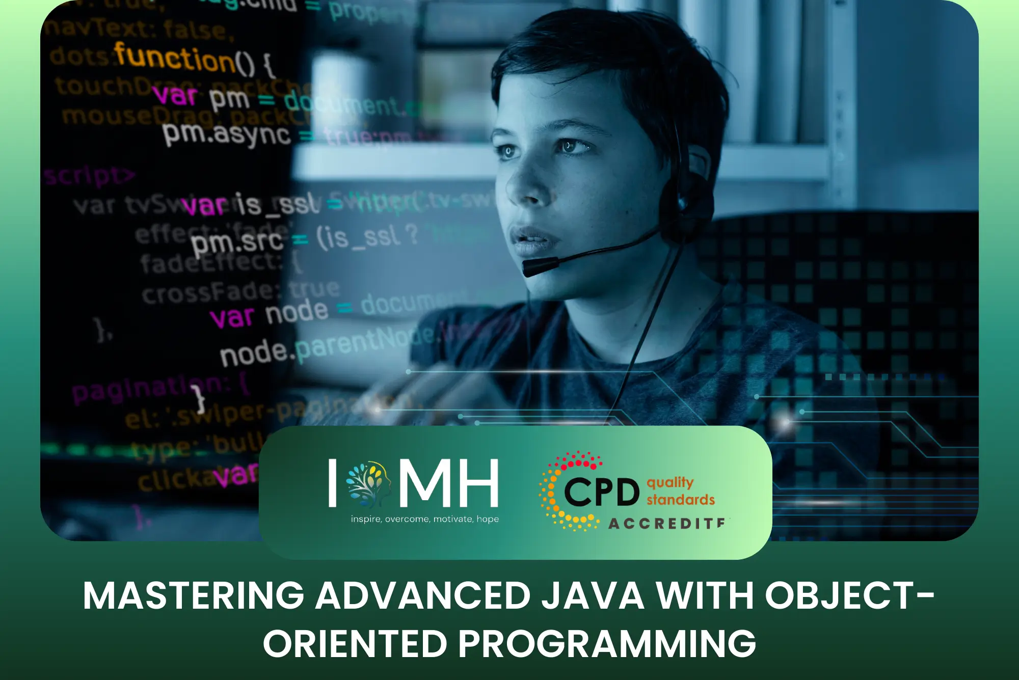 Young programmer with a headset analyzing Advanced Java and Object-Oriented Programming (OOP) code on a digital screen.