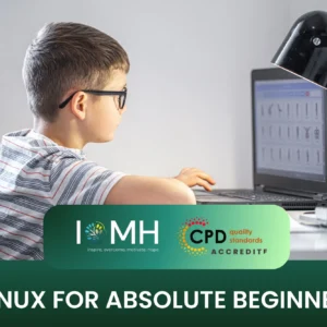Educational graphic for a Linux foundations course showing a focused learner at a computer station in a bright, clean home office or classroom.
