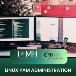 Linux PAM Administration course banner featuring a professional dual-monitor setup showing complex code and administrative interfaces.