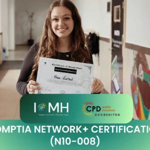 A happy student showcasing her professional "Certificate of Completion" in a school corridor.