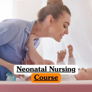 Neonatal Nursing Course banner with adult interacting closely with newborn baby in softly lit calm room.