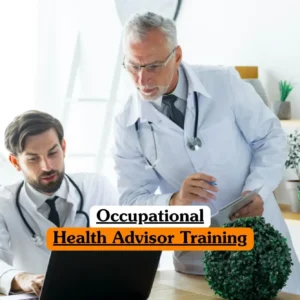 Occupational Health Advisor Training course banner with two medical professionals in white lab coats and stethoscopes one seated using laptop and another standing with tablet in clean professional setting with indoor plants and shelves.