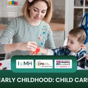 Early childhood childcare training banner featuring a teacher helping a young boy with a creative finger painting activity in a kitchen setting.