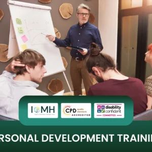 Personal development training banner featuring a professional instructor using a flipchart to teach growth strategies to a group of adult learners.