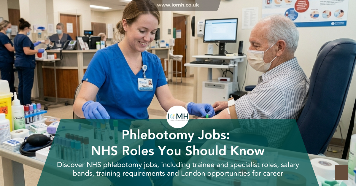 NHS phlebotomy jobs and career roles. A healthcare professional performing a blood draw on a patient, with information on trainee phlebotomist salaries and training requirements.