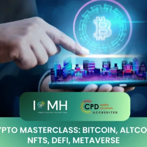 Hand interacting with a digital Bitcoin and city hologram for "Crypto Masterclass" by IOMH.