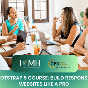 Creative team collaborating on laptops for "Bootstrap 5 Course" by IOMH.