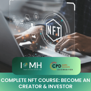 Futuristic virtual reality interface overlaying a laptop, showcasing the creation and investment process of NFTs.